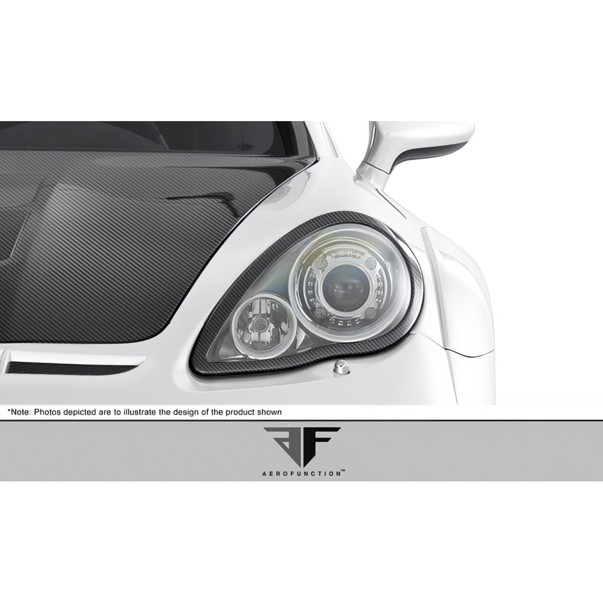 Modify your Porsche Panamera 2010 with our Lighting/Headlight and Tail Light Covers - Front angle showing carbon fiber hood and headlight