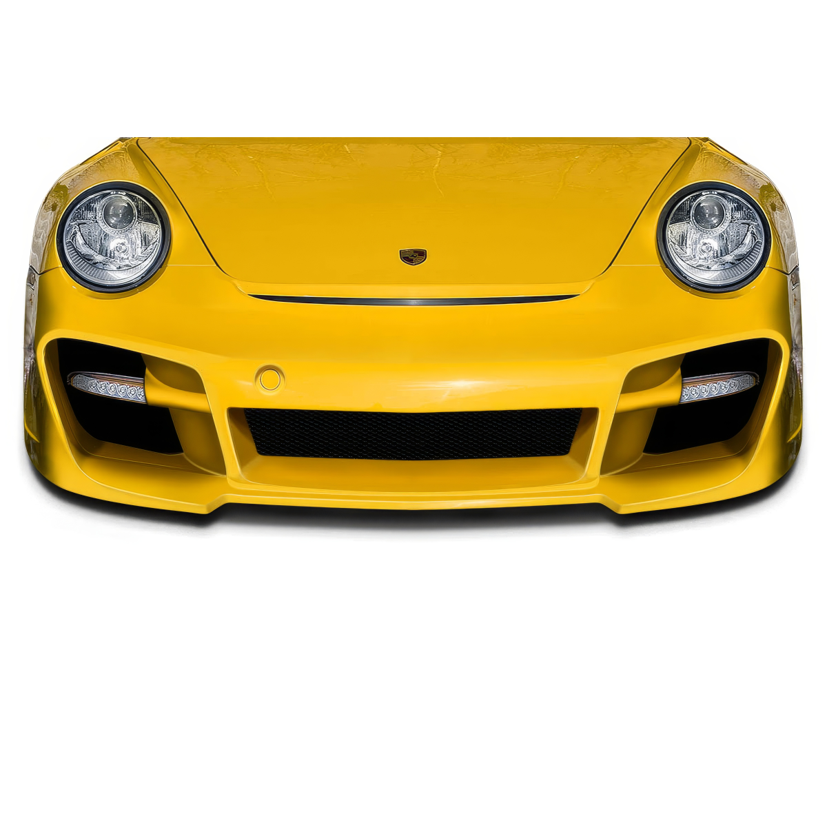 Modify your Porsche 911 2009 with our Exterior/Front Bumpers or Lips - Front view of a yellow Porsche 911 bumper