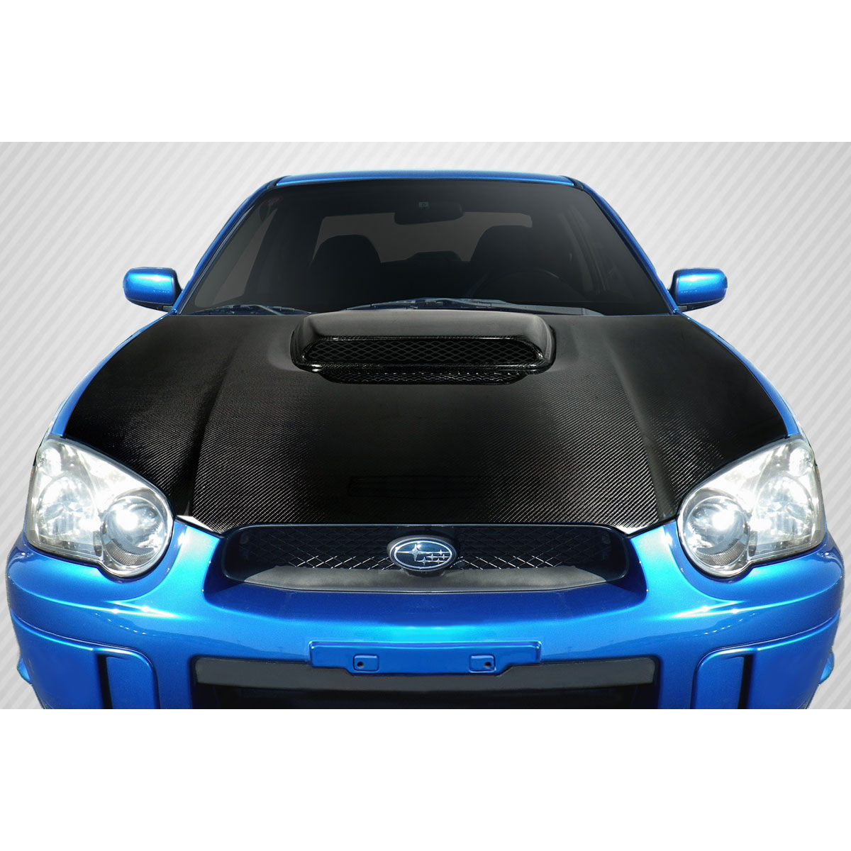 Modify your Subaru Impreza 2004 with our Exterior/Hoods - Front view of the carbon fiber hood at a slight angle