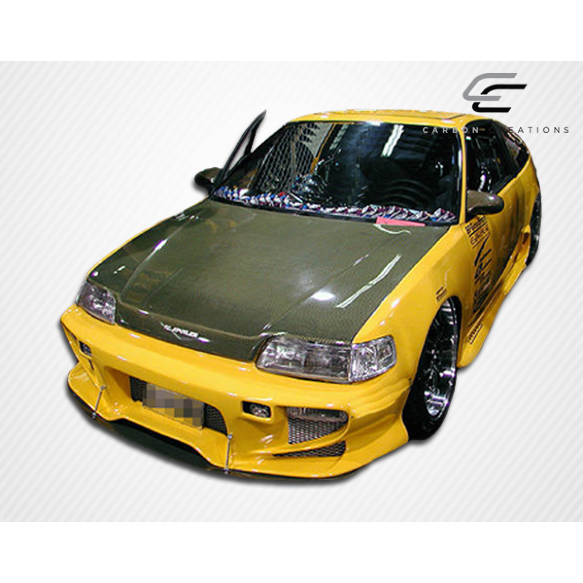 Modify your Honda Civic 1988 with our Exterior/Hoods - Front angle view of carbon fiber hood