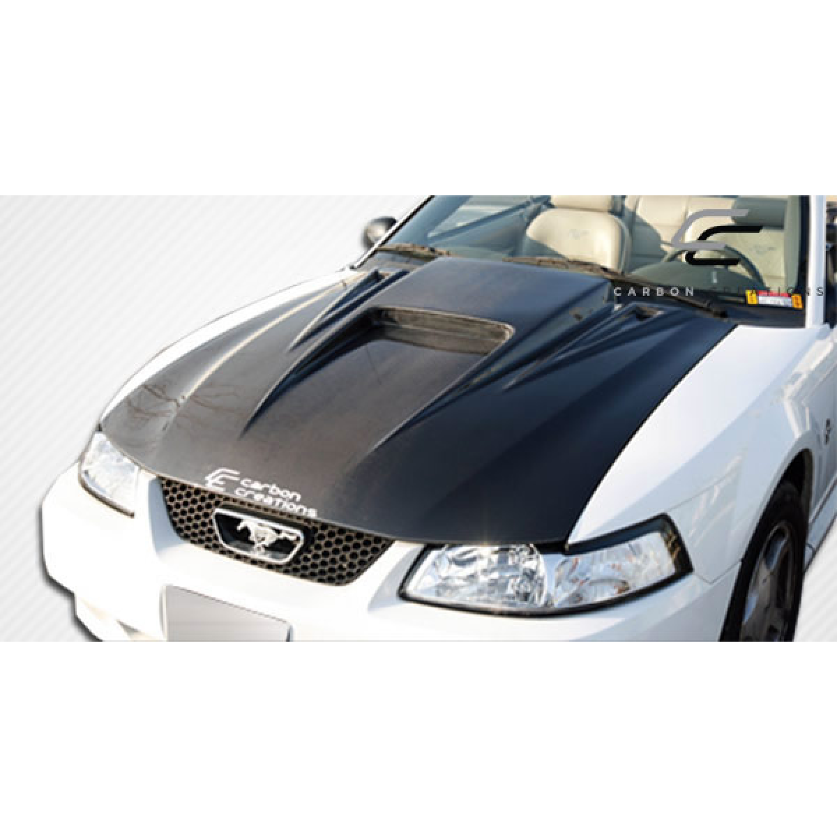 Modify your Ford Mustang 1999 with our Exterior/Hoods - Top angled view of carbon fiber hood