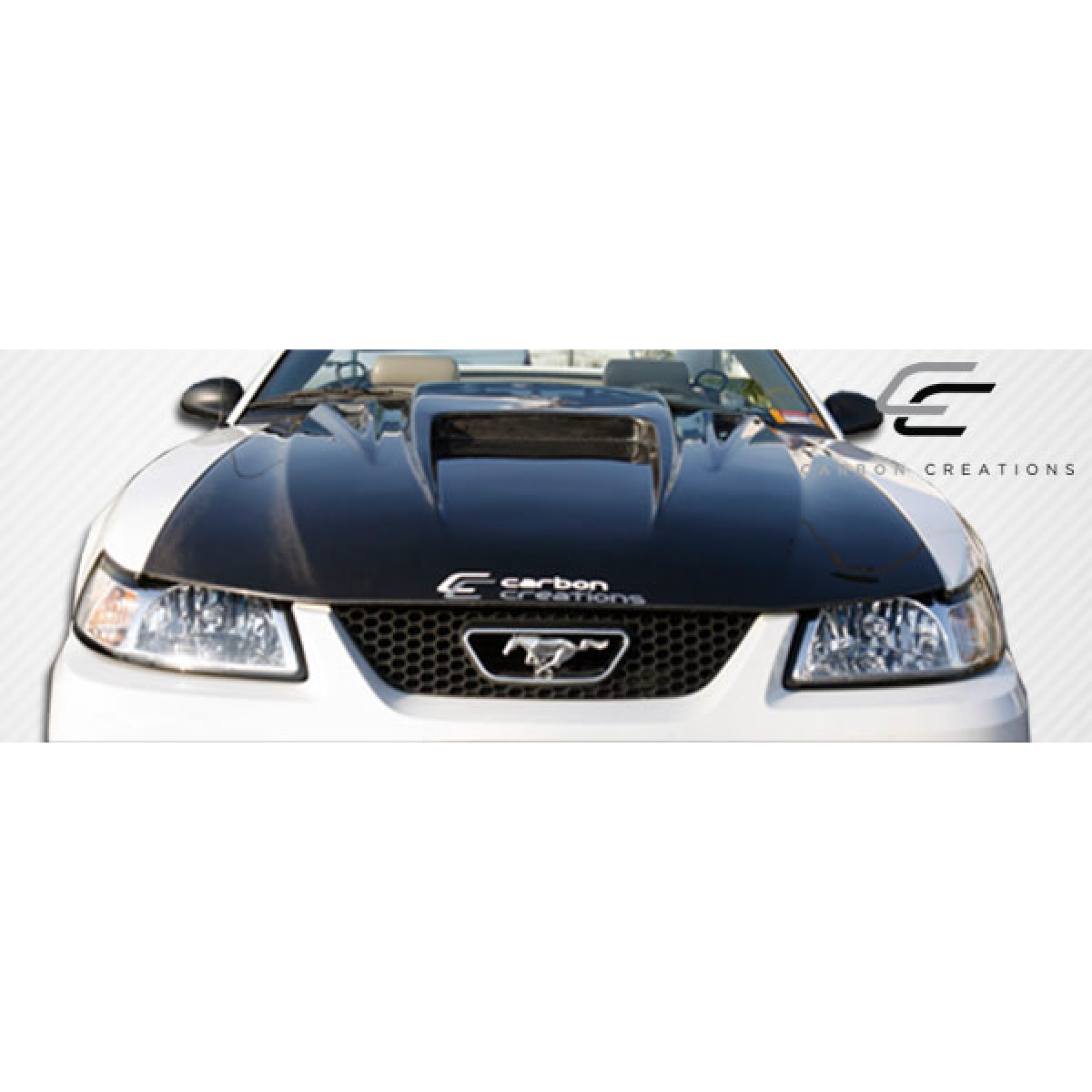 Modify your Ford Mustang 1999 with our Exterior/Hoods - Viewed from the front at a slight upward angle