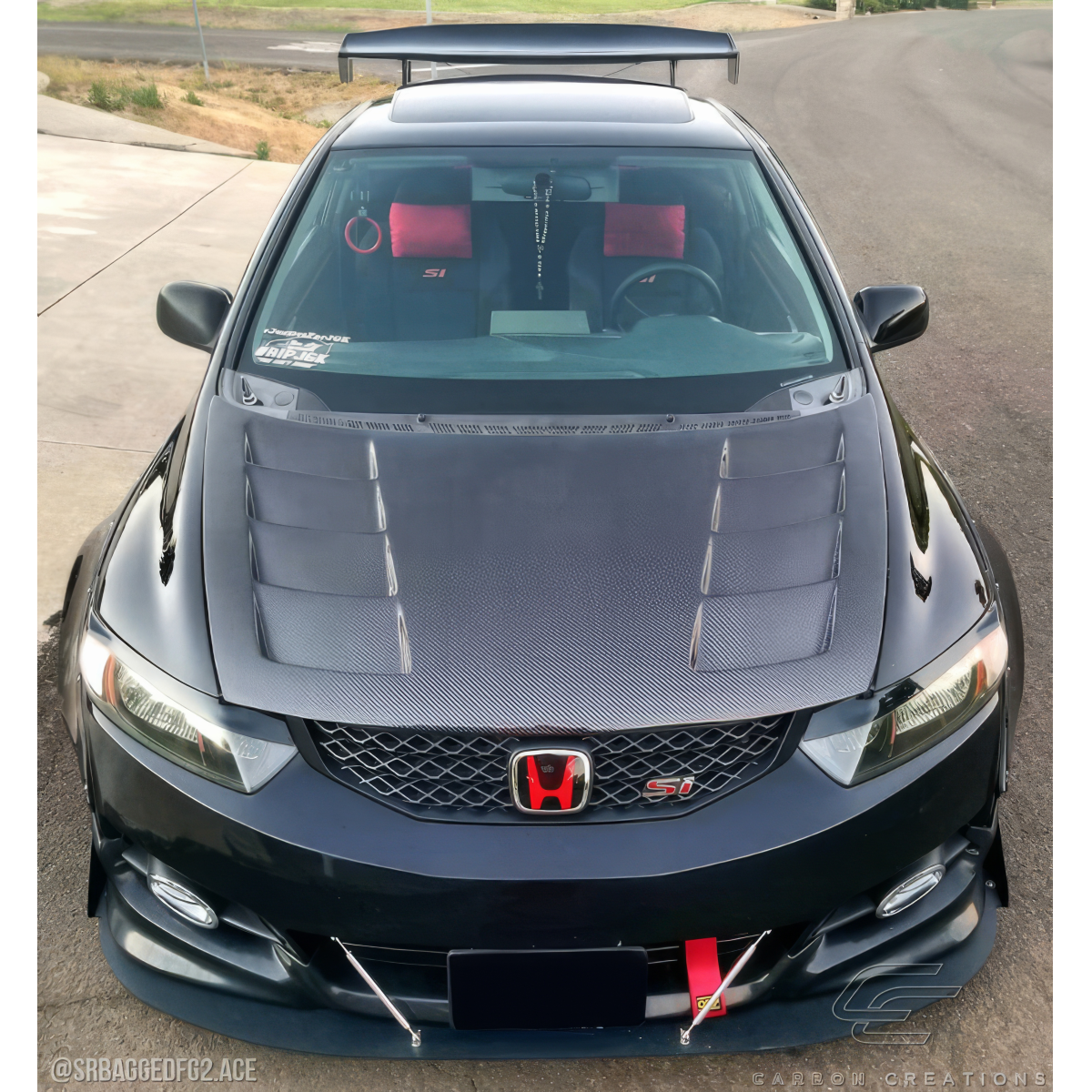 Modify your Honda Civic 2006 with our Exterior/Hoods - Overhead angle showing the carbon fiber hood design