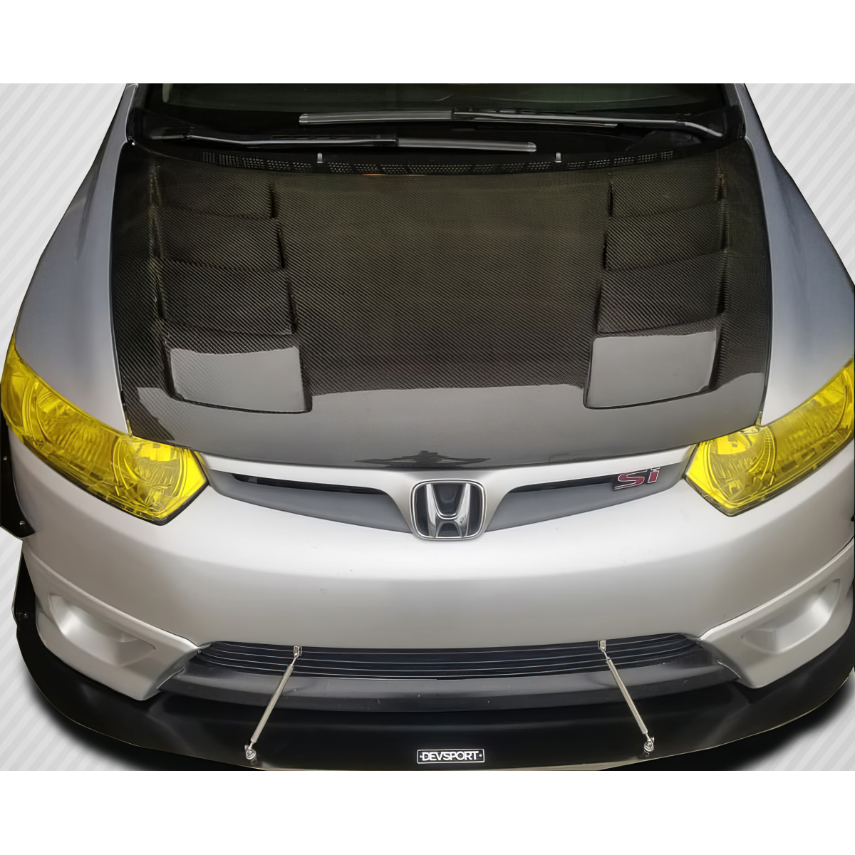 Modify your Honda Civic 2006 with our Exterior/Hoods - Top view of carbon fiber hood at a downward angle