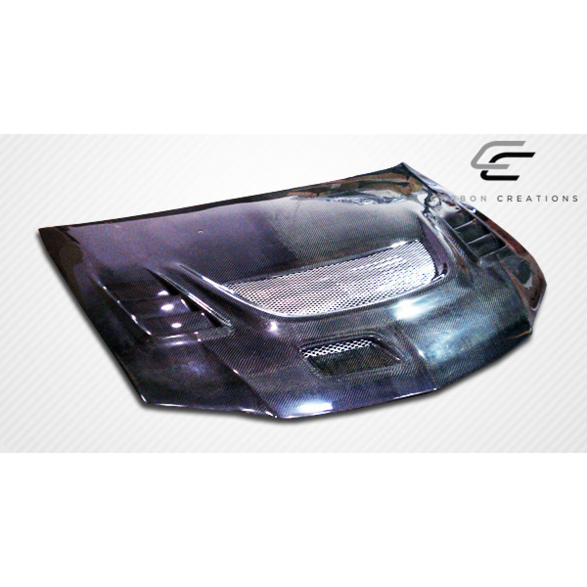 Modify your Mitsubishi Evolution 2003 with our Exterior/Hoods - Front view angle of carbon fiber hood part