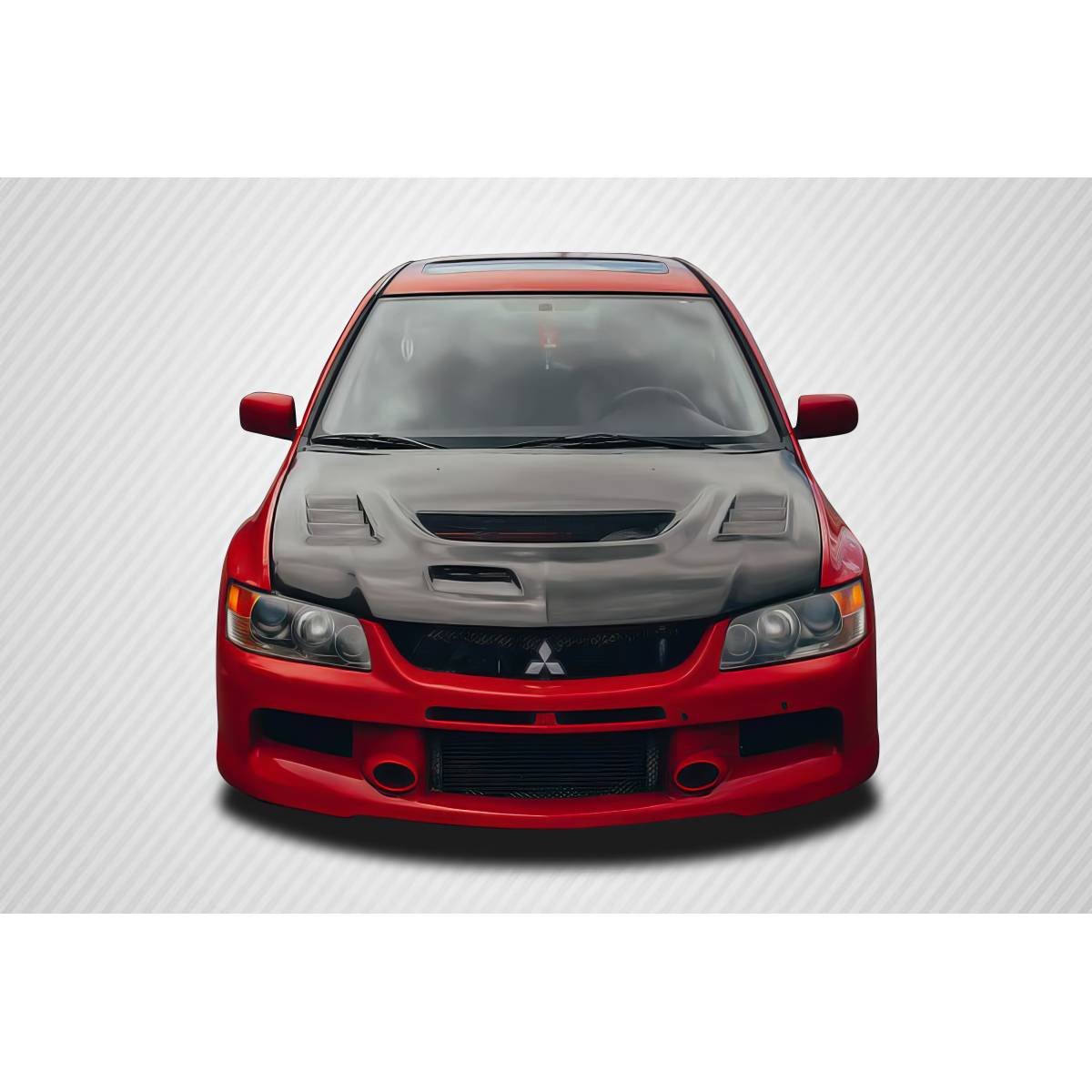 Modify your Mitsubishi Evolution 2003 with our Exterior/Hoods - Front view showing carbon fiber hood design