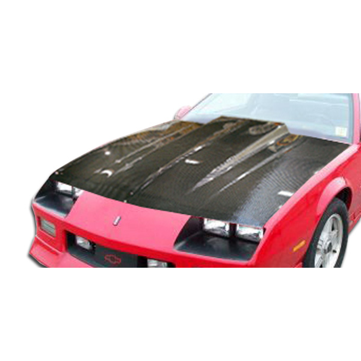 Modify your Chevrolet Camaro 1982 with our Exterior/Hoods - Front view of a carbon fiber hood on a red Camaro