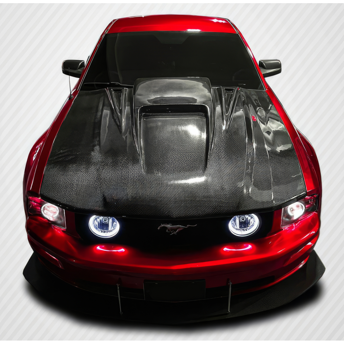 Modify your Ford Mustang 2005 with our Exterior/Hoods - Top view angle showing carbon fiber hood design