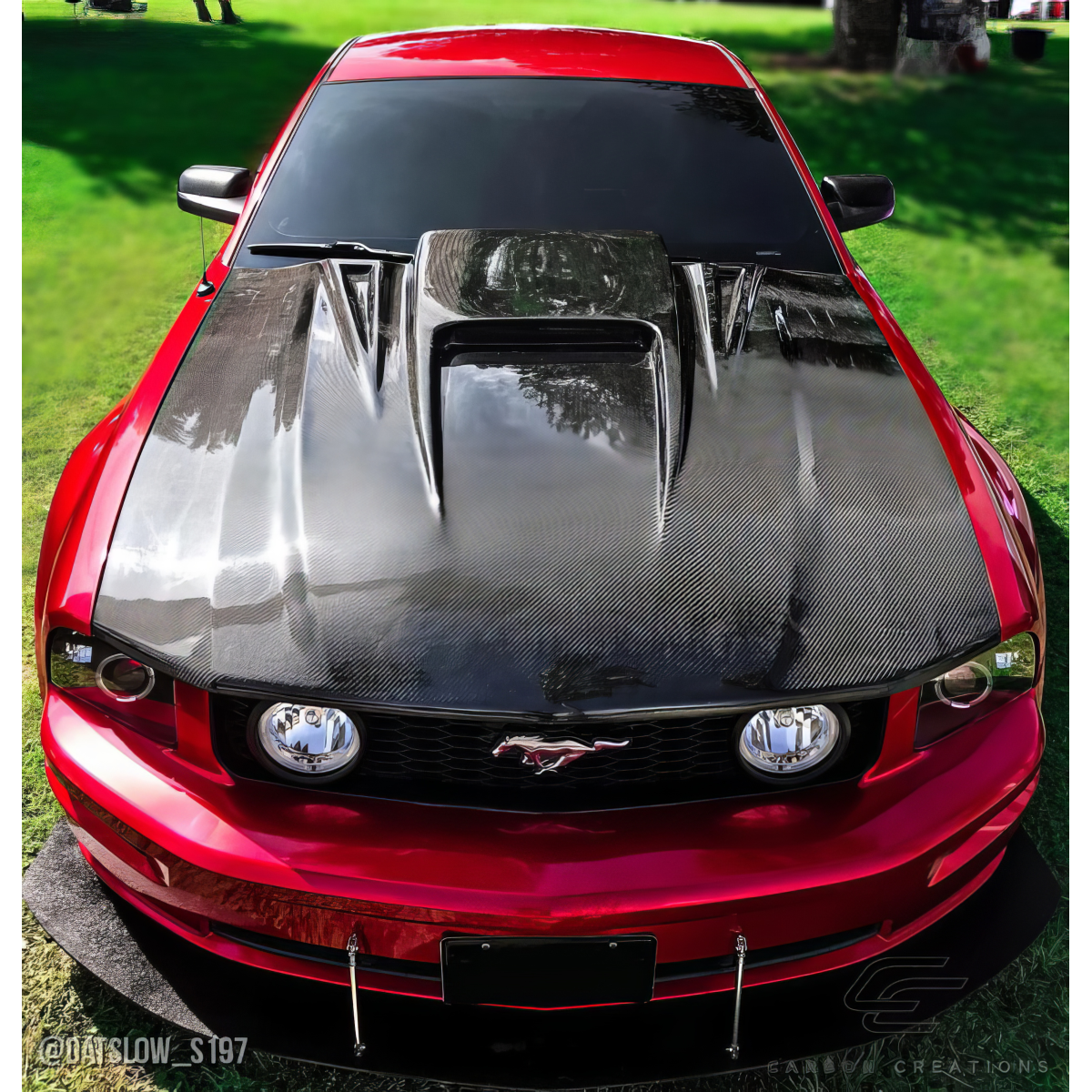 Modify your Ford Mustang 2005 with our Exterior/Hoods - Top view of carbon fiber hood from above