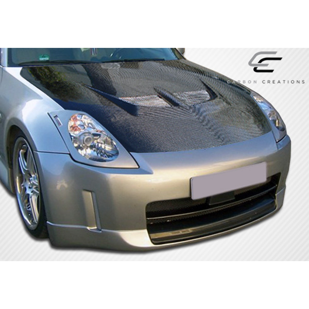 Modify your Nissan 350Z 2003 with our Exterior/Hoods - Front view angle of the carbon fiber hood