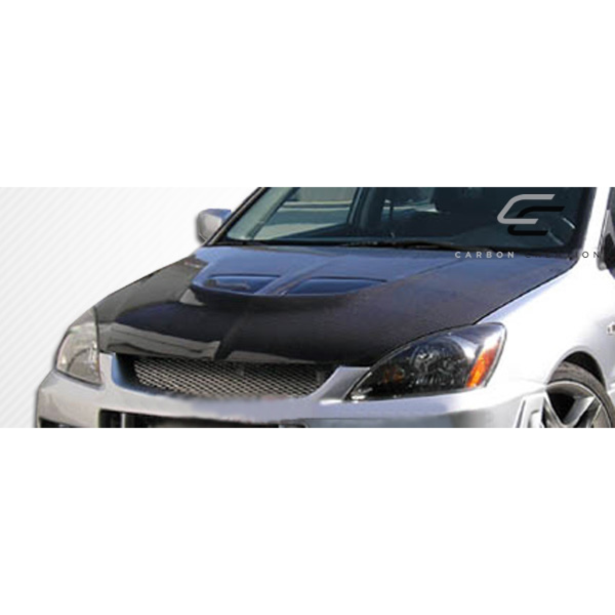 Modify your Mitsubishi Lancer 2004 with our Exterior/Hoods - Front angle focusing on the modified hood design