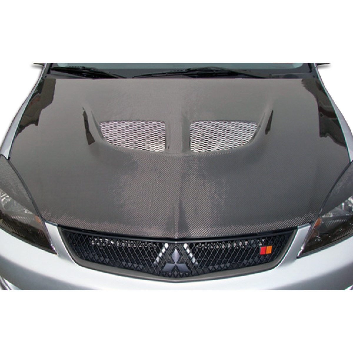 Modify your Mitsubishi Lancer 2004 with our Exterior/Hoods - Top view showing carbon fiber hood design