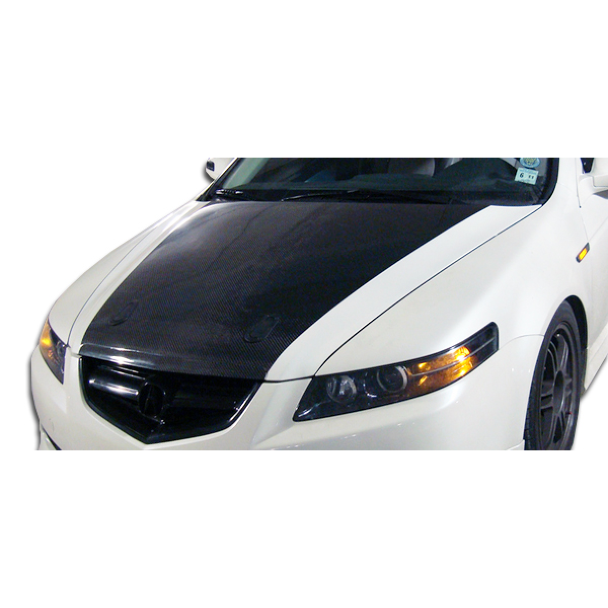 Modify your Acura TL 2004 with our Exterior/Hoods - Front angle view of hood on white Acura TL