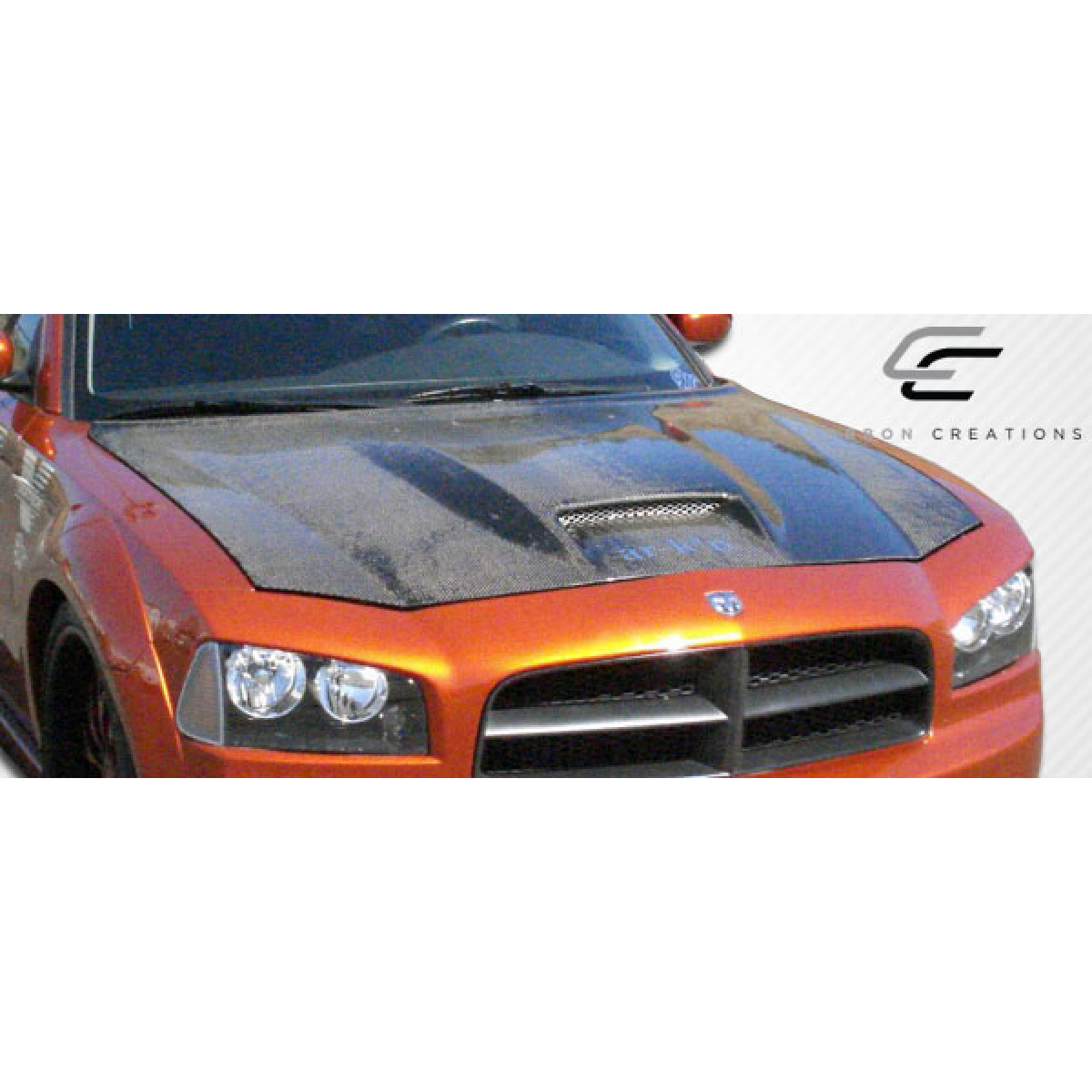 Modify your Dodge Charger 2006 with our Exterior/Hoods - Front view angle of carbon fiber hood