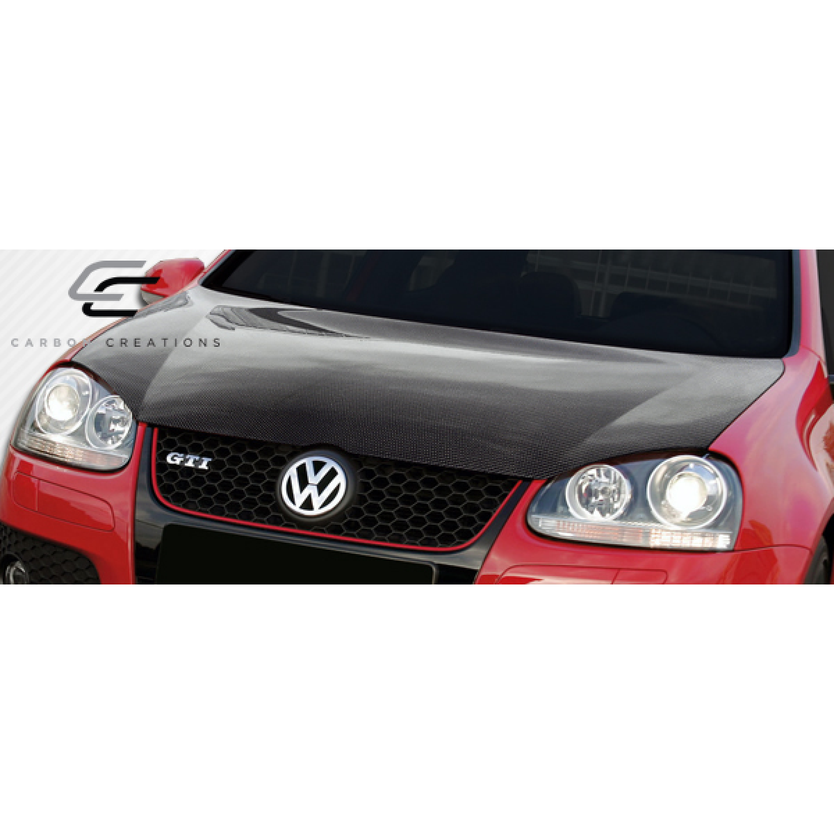 Modify your Volkswagen Golf 2005 with our Exterior/Hoods - Front view of carbon fiber hood on Volkswagen Golf