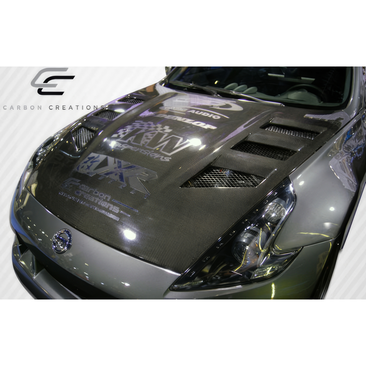 Modify your Nissan 370Z 2009 with our Exterior/Hoods - Top down angle of carbon fiber hood