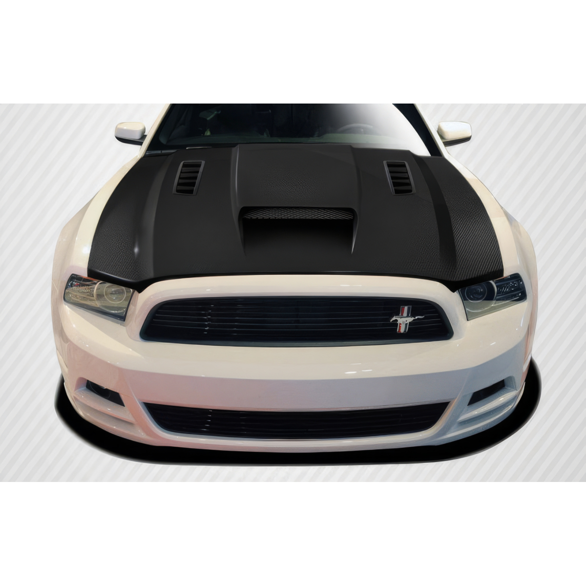 Modify your Ford Mustang 2013 with our Exterior/Hoods - Top view of the vehicle hood at a straight angle