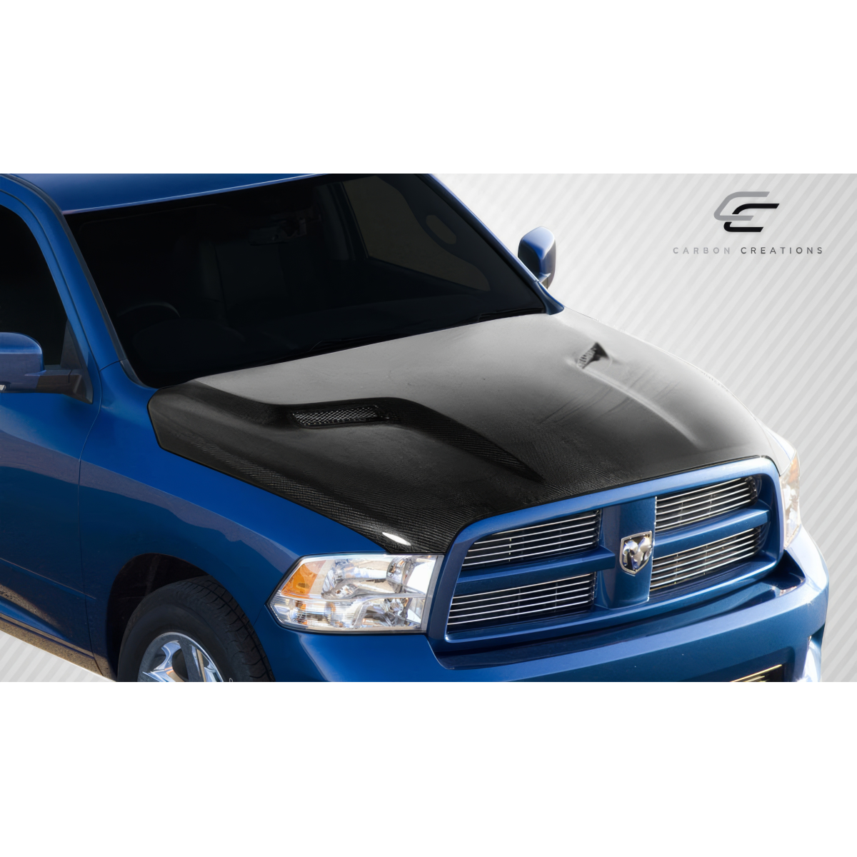 Modify your Dodge Ram 2009 with our Exterior/Hoods - Top down angle of carbon fiber hood on Dodge Ram