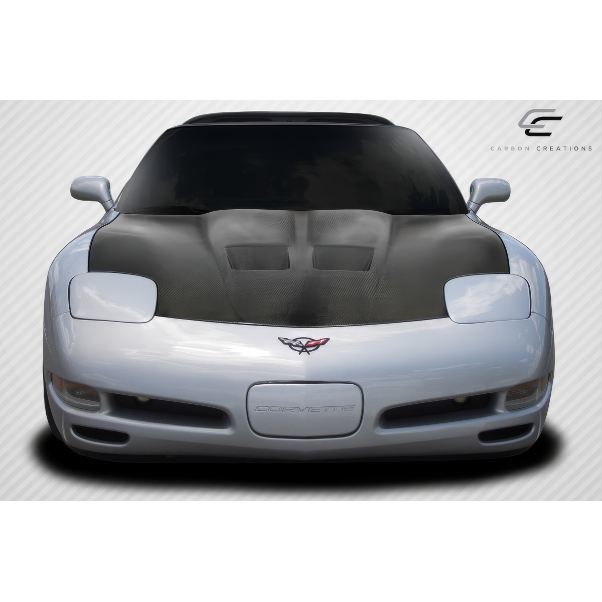 Modify your Chevrolet Corvette 1997 with our Exterior/Hoods - Front view of car hood at eye level angle