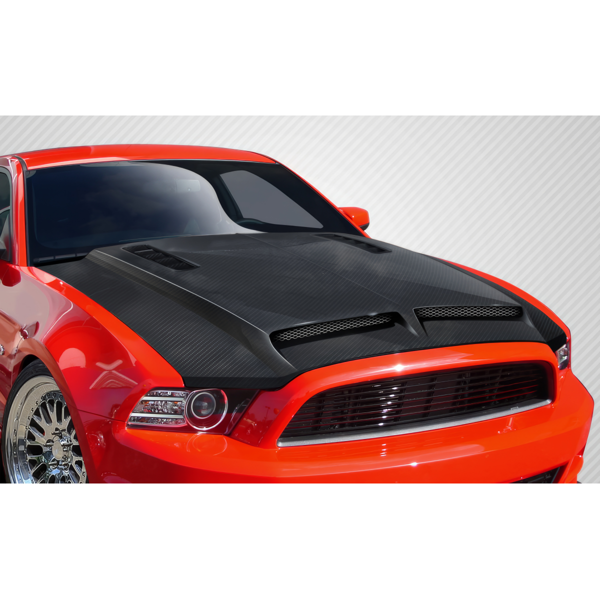 Modify your Ford Mustang 2013 with our Exterior/Hoods - Front angle view of carbon fiber hood