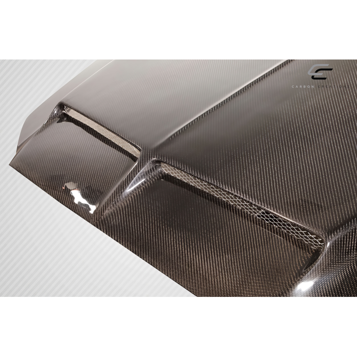 Modify your Ford Mustang 2013 with our Exterior/Hoods - View of carbon fiber hood at slight angle from above