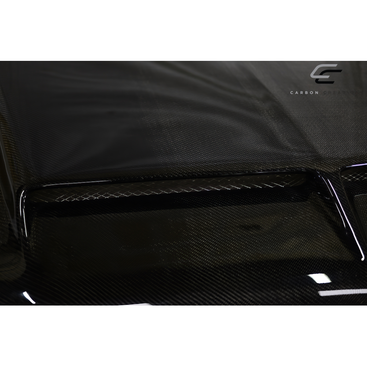 Modify your Ford Mustang 2010 with our Exterior/Hoods - Angled view of a carbon fiber hood