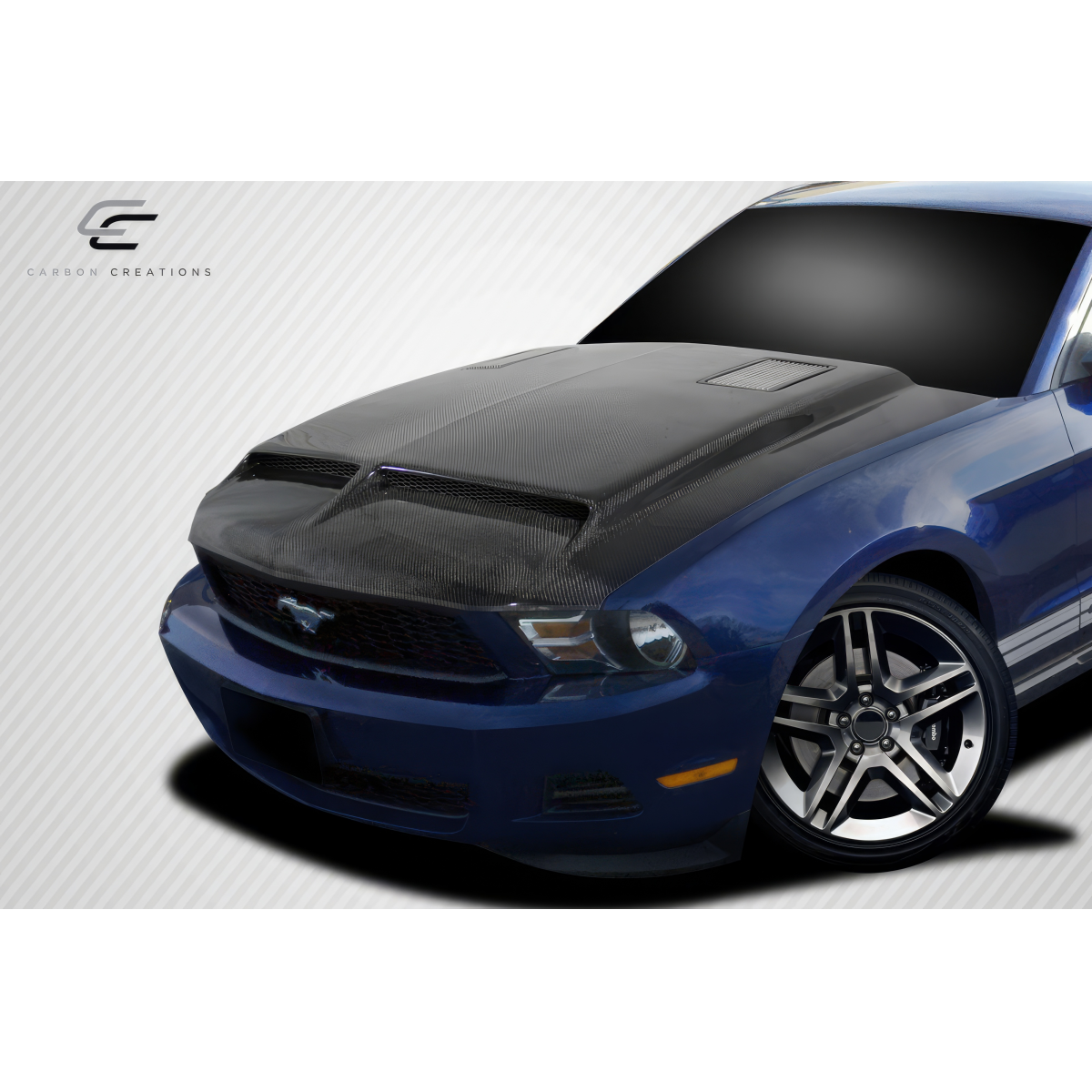 Modify your Ford Mustang 2010 with our Exterior/Hoods - Front three quarter angle view of the hood