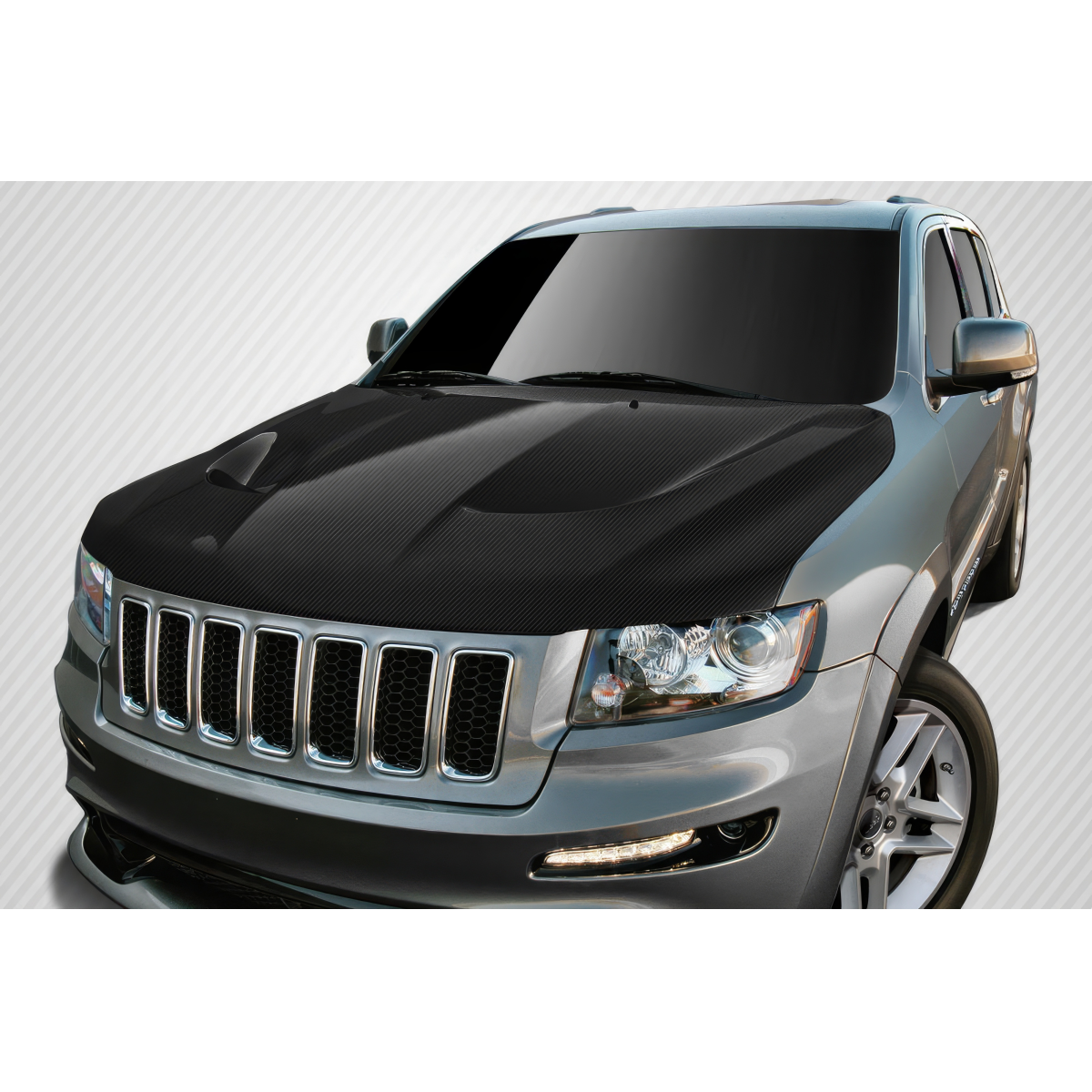 Modify your Jeep Cherokee 2011 with our Exterior/Hoods - Front angle view of jeep hood in carbon fiber