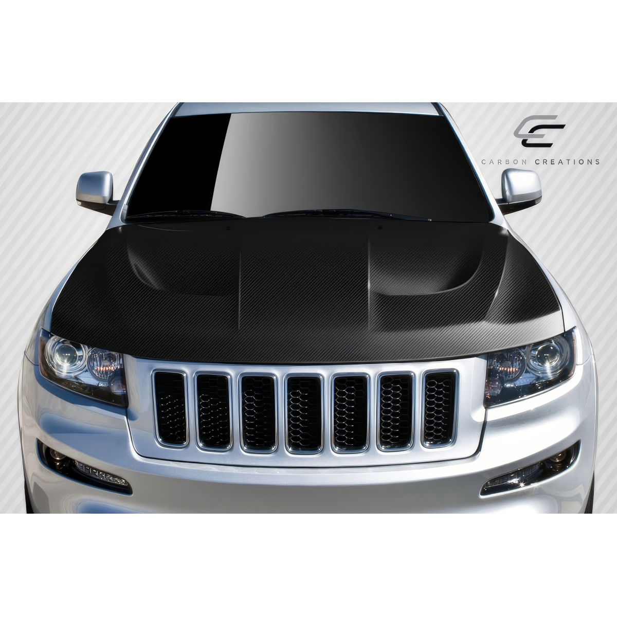 Modify your Jeep Cherokee 2011 with our Exterior/Hoods - Front view at a slight angle from above