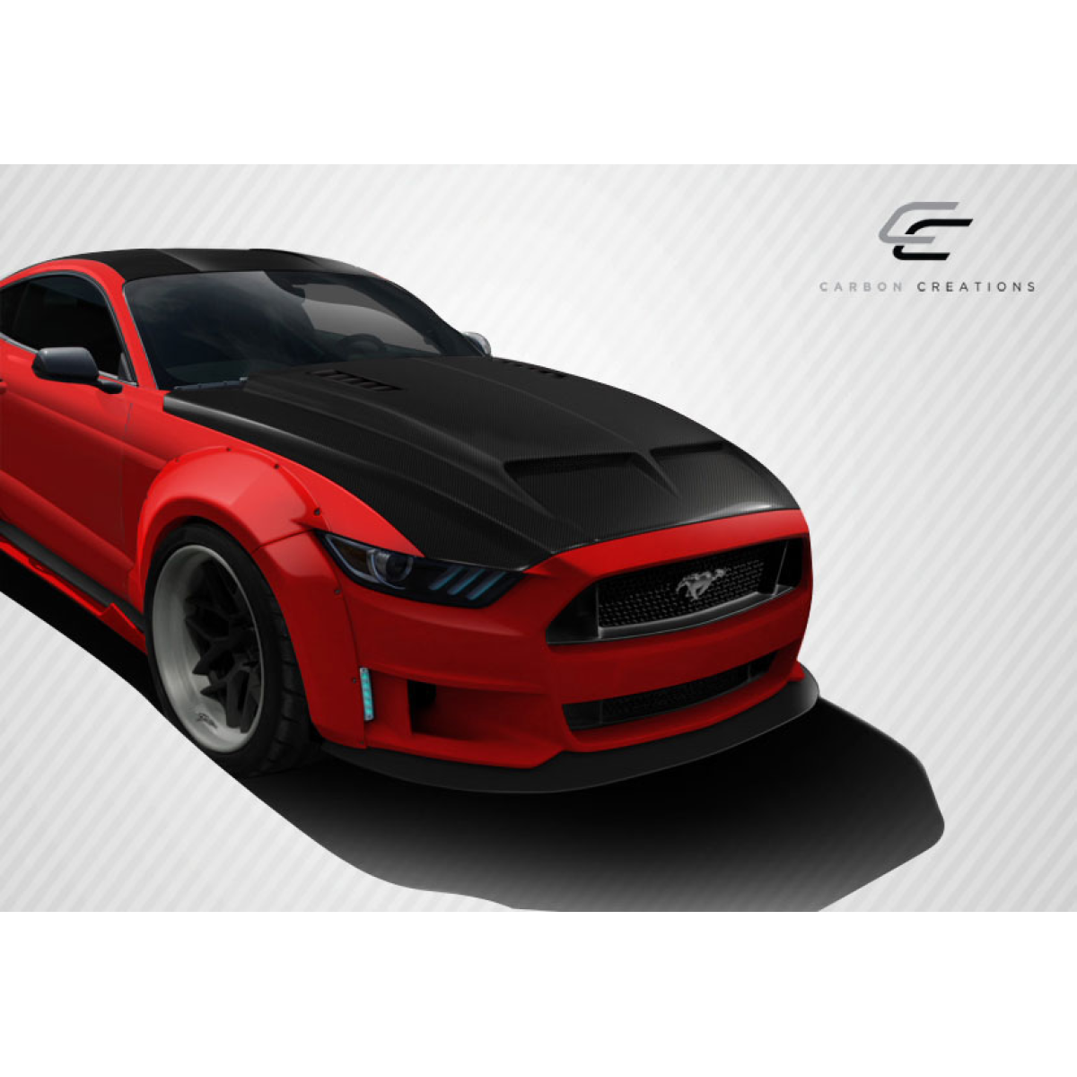 Modify your Ford Mustang 2015 with our Exterior/Hoods - Front three quarter view of the hood