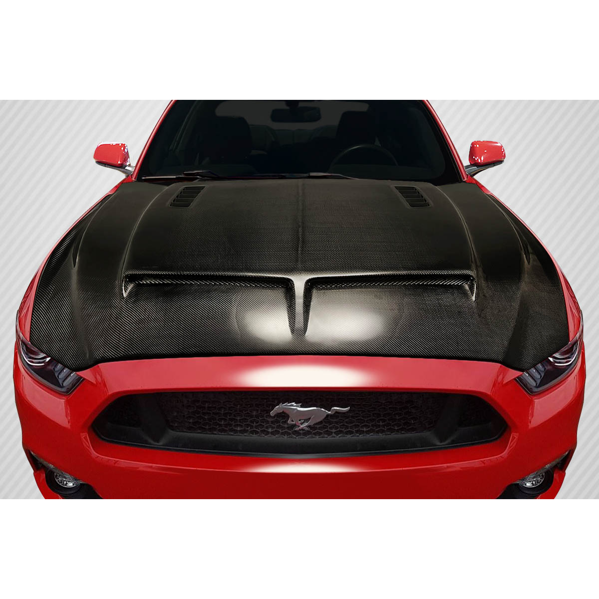 Modify your Ford Mustang 2015 with our Exterior/Hoods - Top down view of car hood at a slight angle