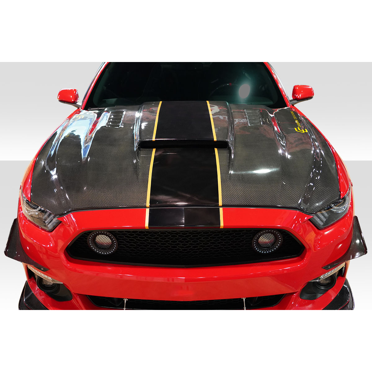 Modify your Ford Mustang 2015 with our Exterior/Hoods - Top down view of hood showing carbon fiber design