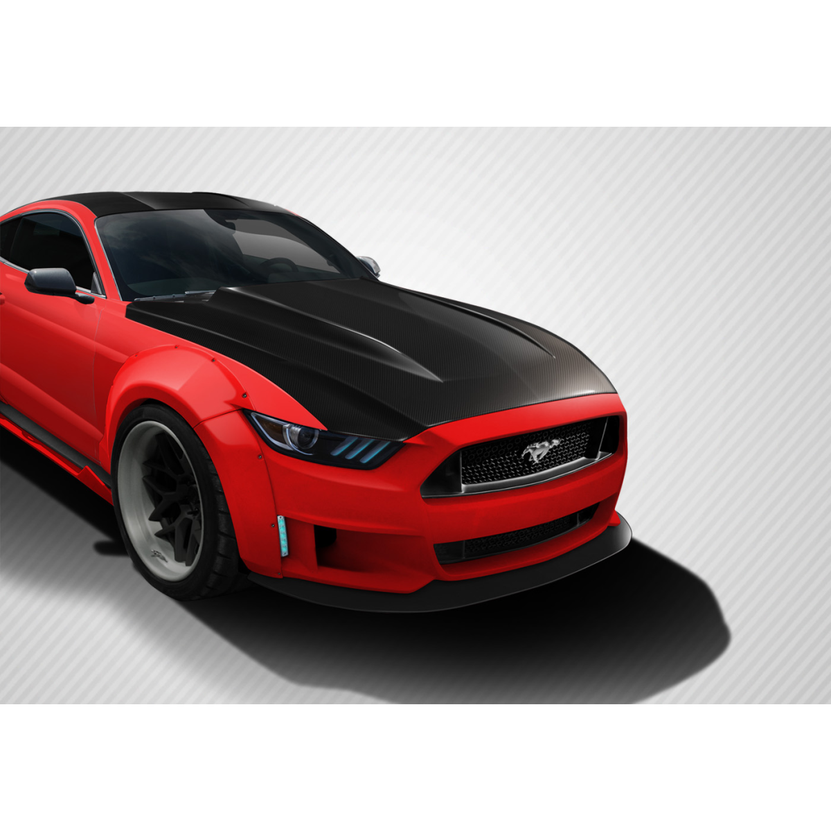 Modify your Ford Mustang 2015 with our Exterior/Hoods - Front angle of hood with black carbon fiber finish