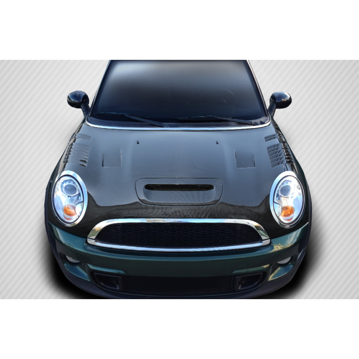 Modify your Mini Cooper 2007 with our Exterior/Hoods - Front view angle of carbon fiber hood