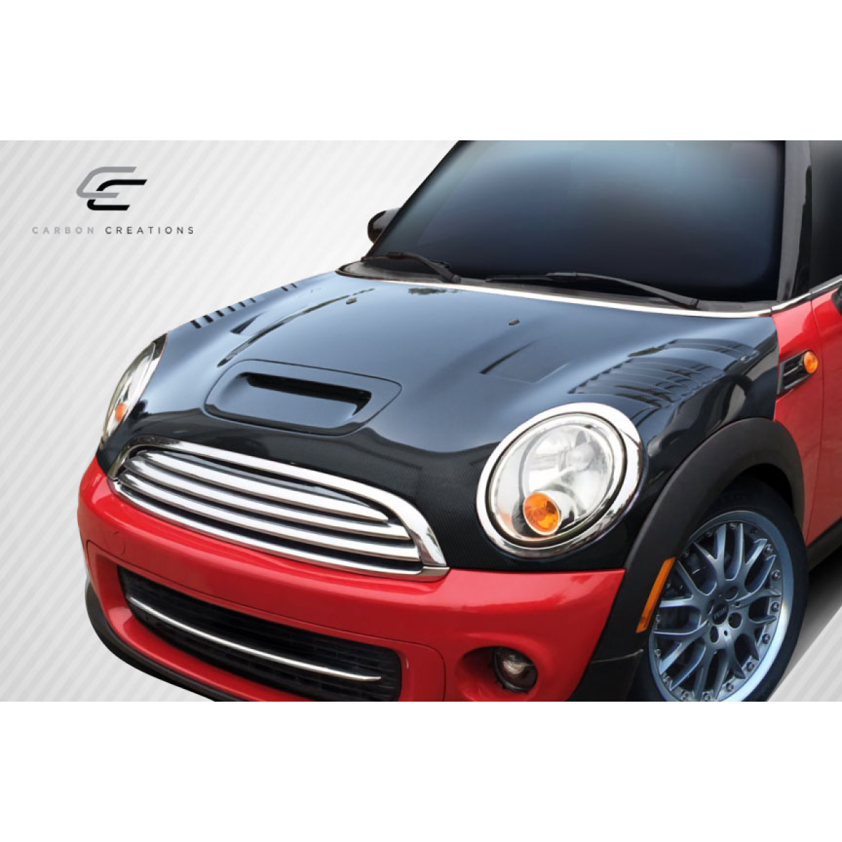 Modify your Mini Cooper 2007 with our Exterior/Hoods - Front view of the Mini Cooper hood at a slight angle