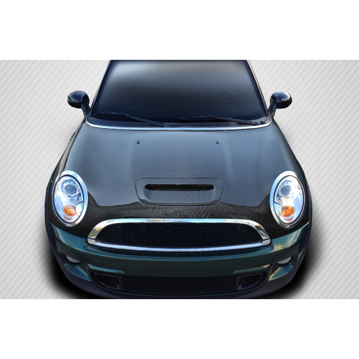 Modify your Mini Cooper 2007 with our Exterior/Hoods - Front view of the vehicle at eye level