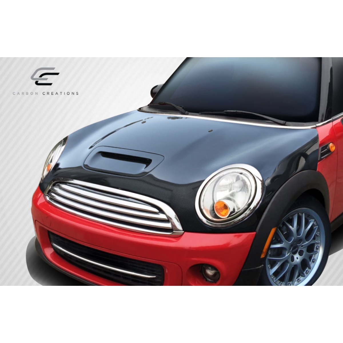 Modify your Mini Cooper 2007 with our Exterior/Hoods - Front view of vehicle hood at slight angle