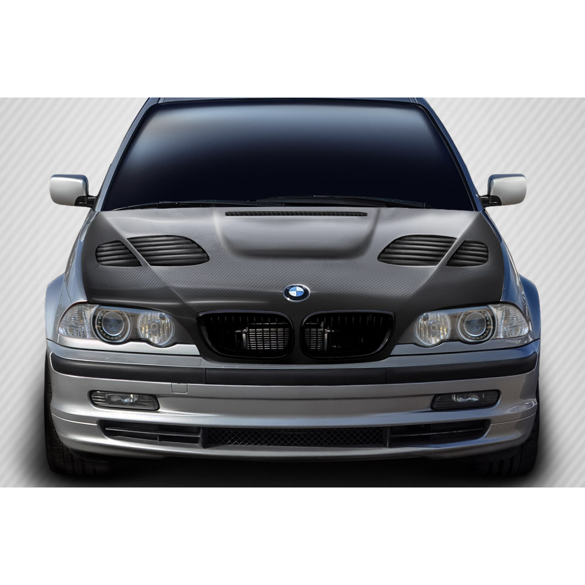 Modify your BMW 3-Series 1999 with our Exterior/Hoods - Frontal view of carbon fiber hood at zero degrees