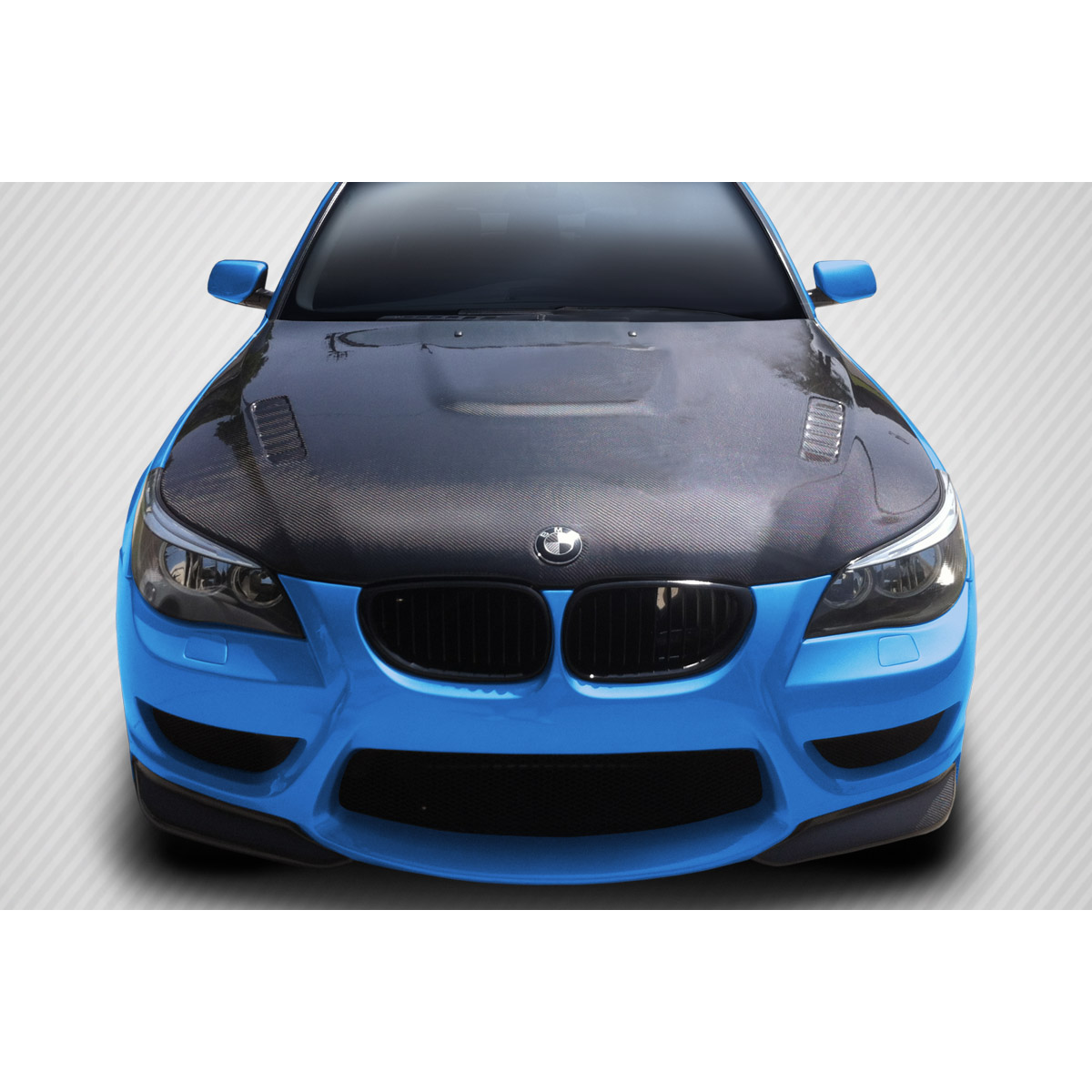 Modify your BMW 5-Series 2004 with our Exterior/Hoods - Front view showcasing carbon fiber hood design
