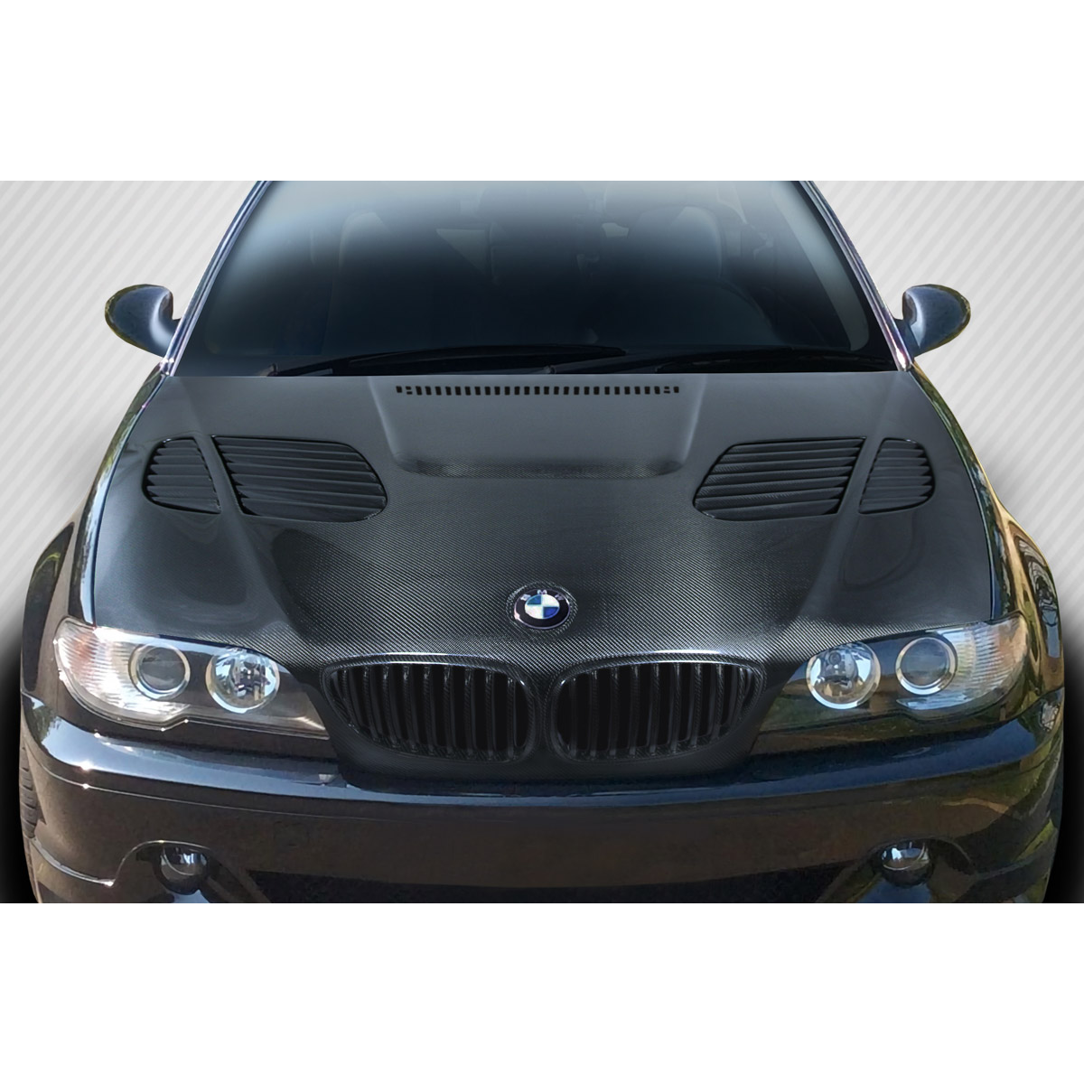 Modify your BMW 3-Series 2004 with our Exterior/Hoods - Front view angle of the carbon fiber hood