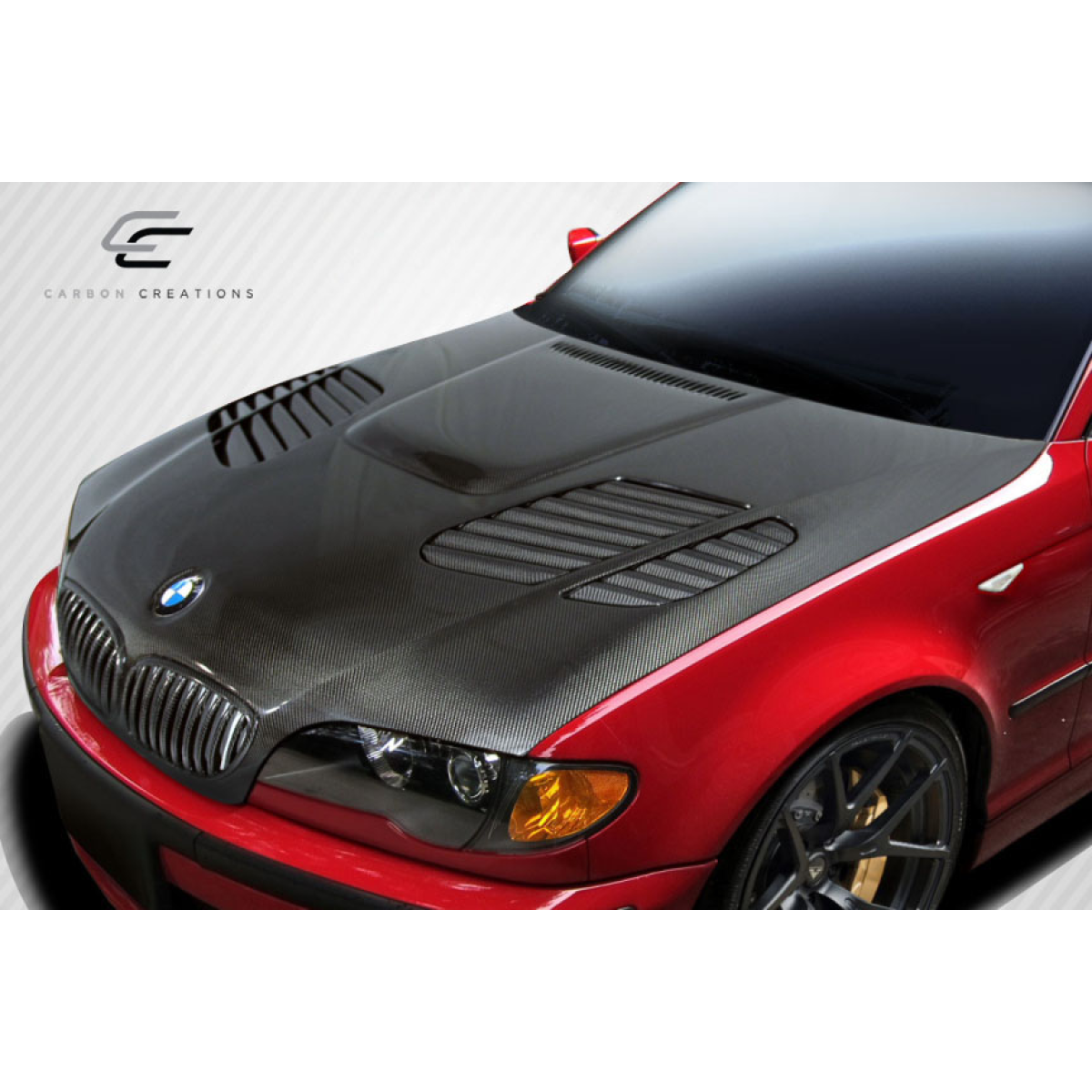 Modify your BMW 3-Series 2004 with our Exterior/Hoods - Top down angle of a carbon fiber hood