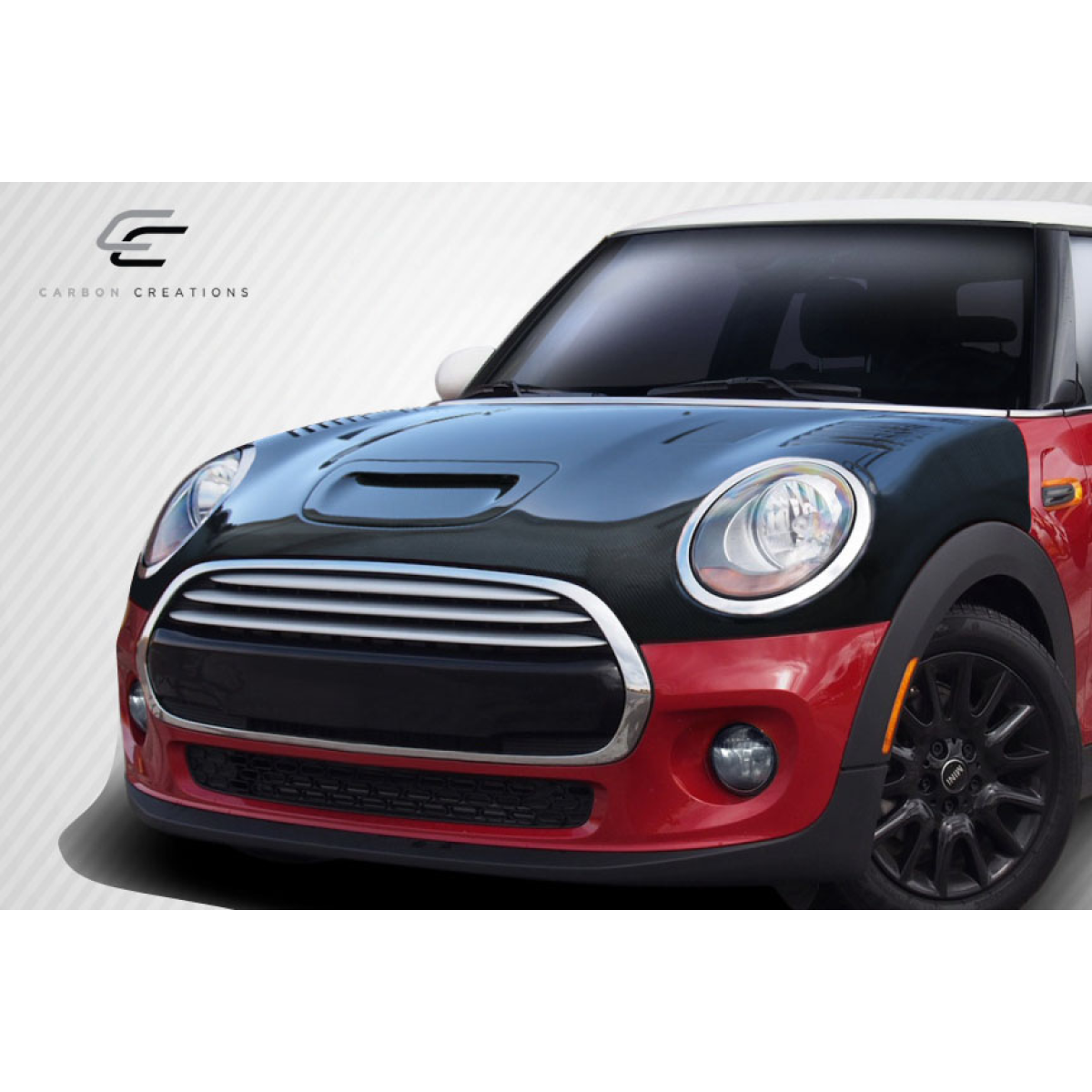 Modify your Mini Cooper 2014 with our Exterior/Hoods - Frontal view of car hood at slight angle