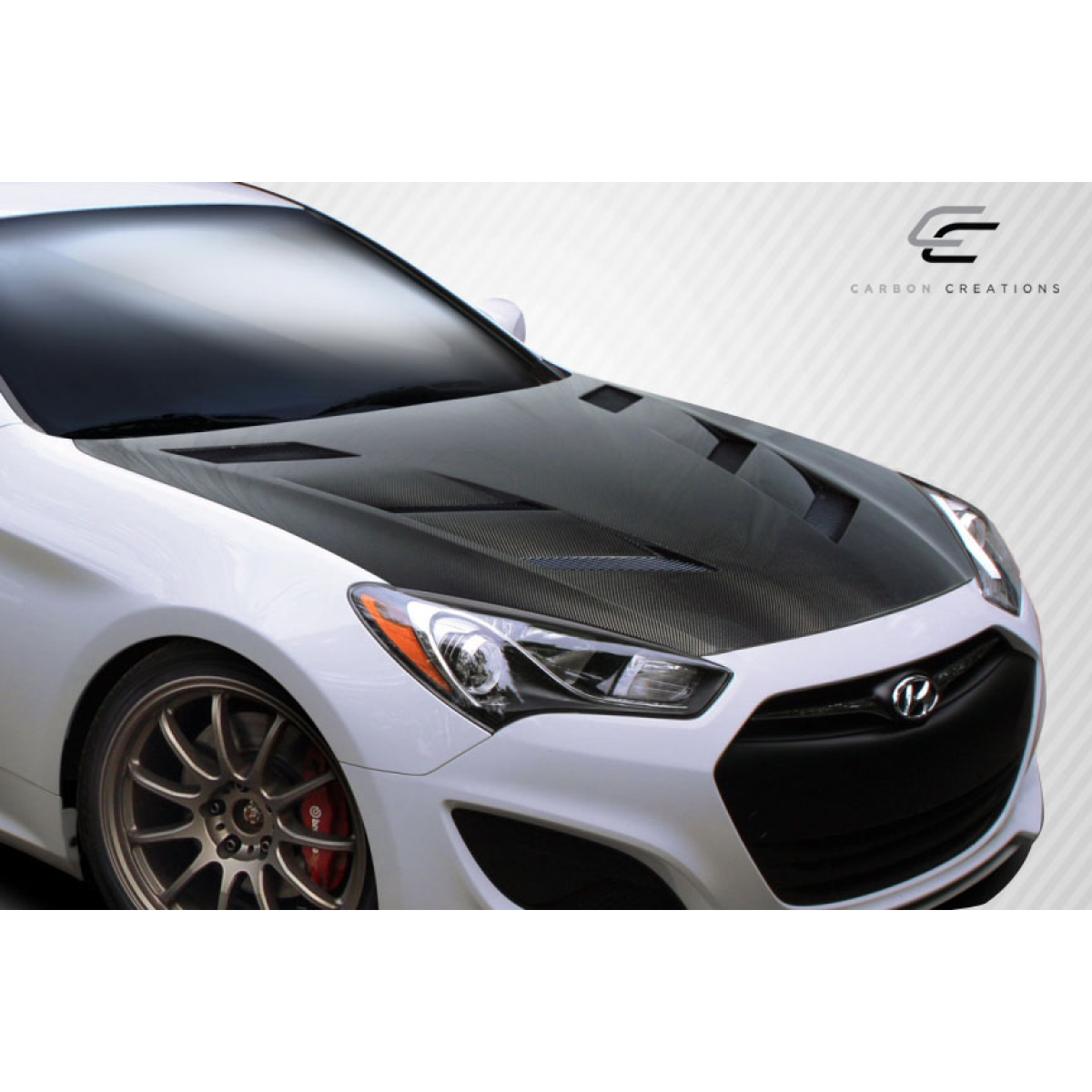 Modify your Hyundai Genesis 2013 with our Exterior/Hoods - Front view at a slight angle showcasing hood design