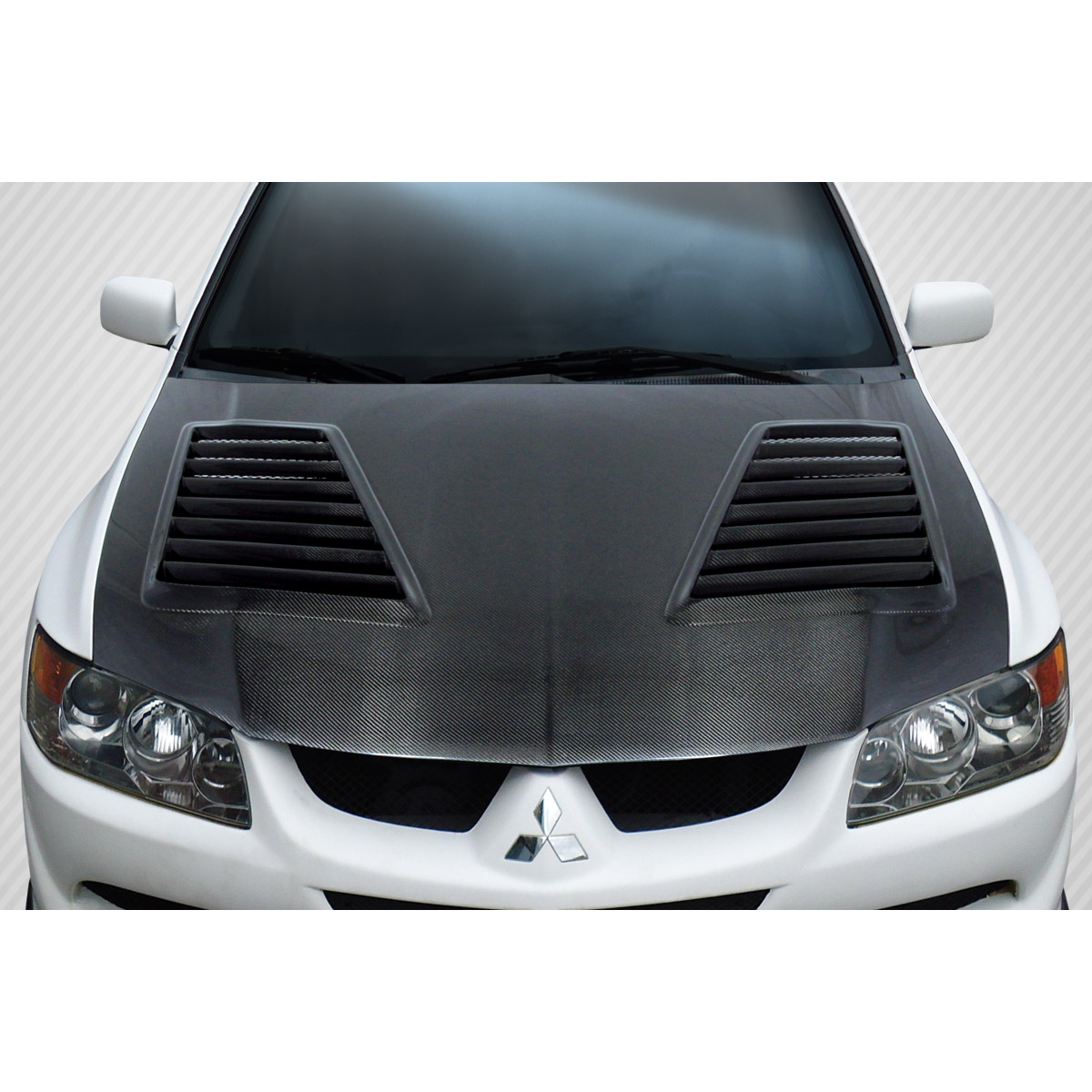 Modify your Mitsubishi Evolution 2003 with our Exterior/Hoods - Top view of vehicle hood at slight angle