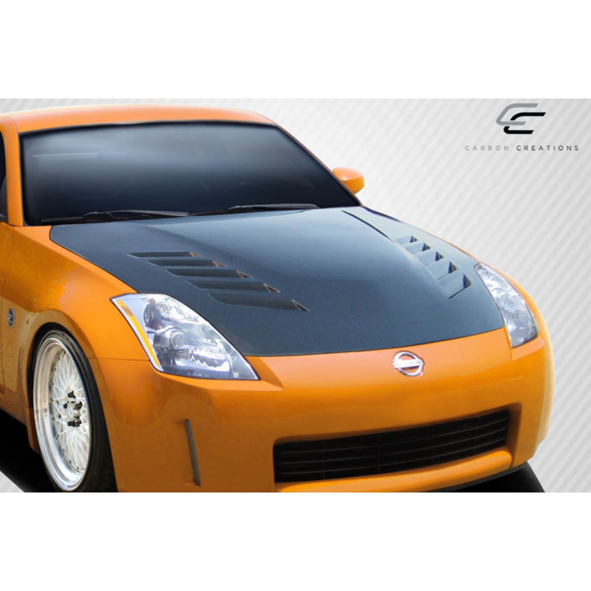 Modify your Nissan 350Z 2003 with our Exterior/Hoods - Front angle view of a Nissan 350Z