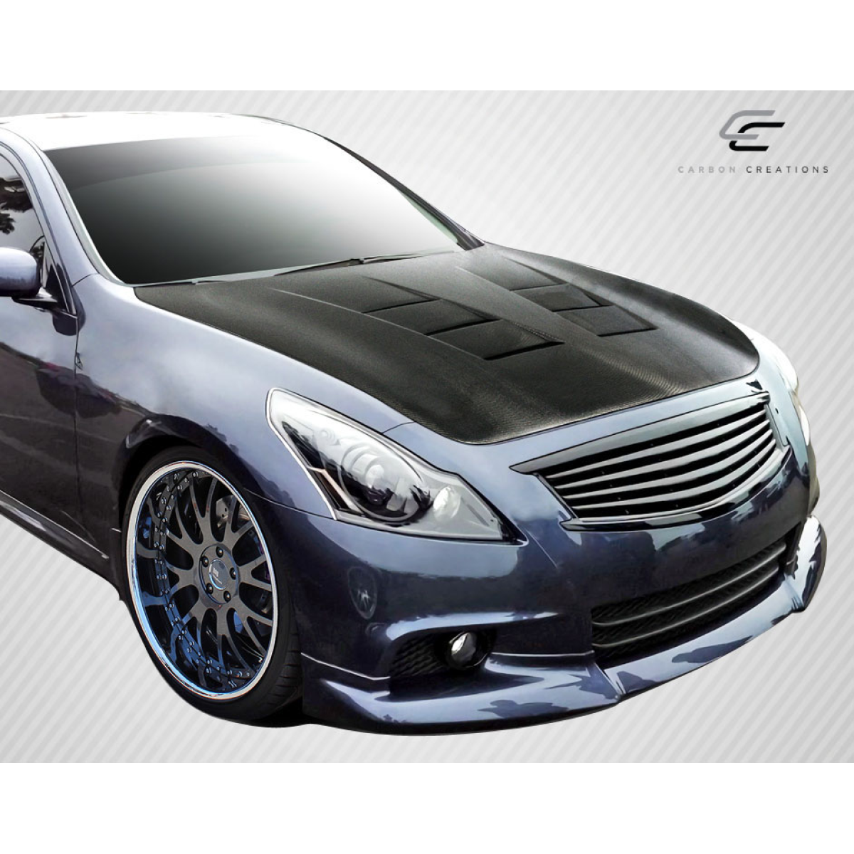 Modify your Infiniti G35 2007 with our Exterior/Hoods - Side angle view of carbon fiber hood on vehicle