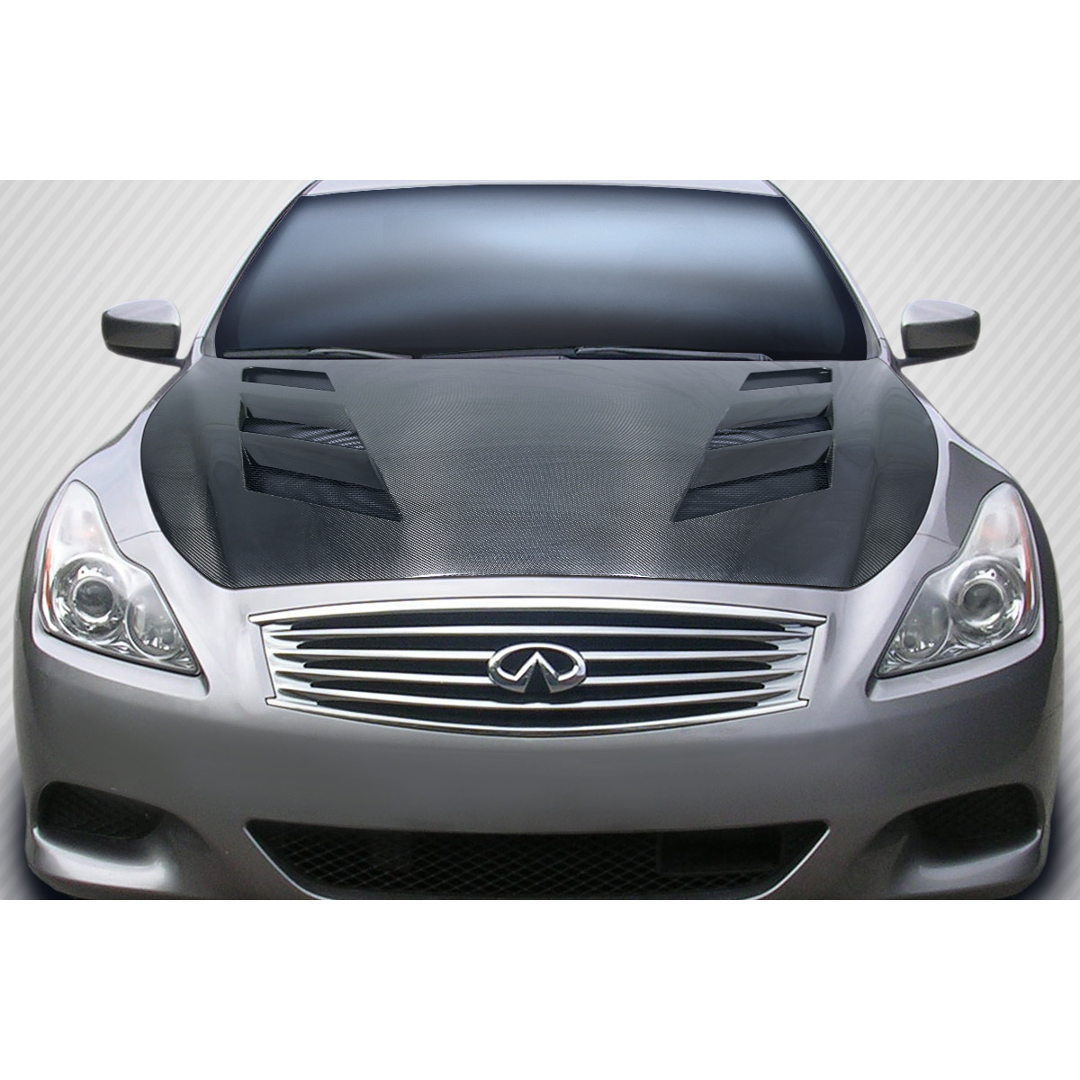 Modify your Infiniti G37 2008 with our Exterior/Hoods - Front view of the car hood at a slight angle