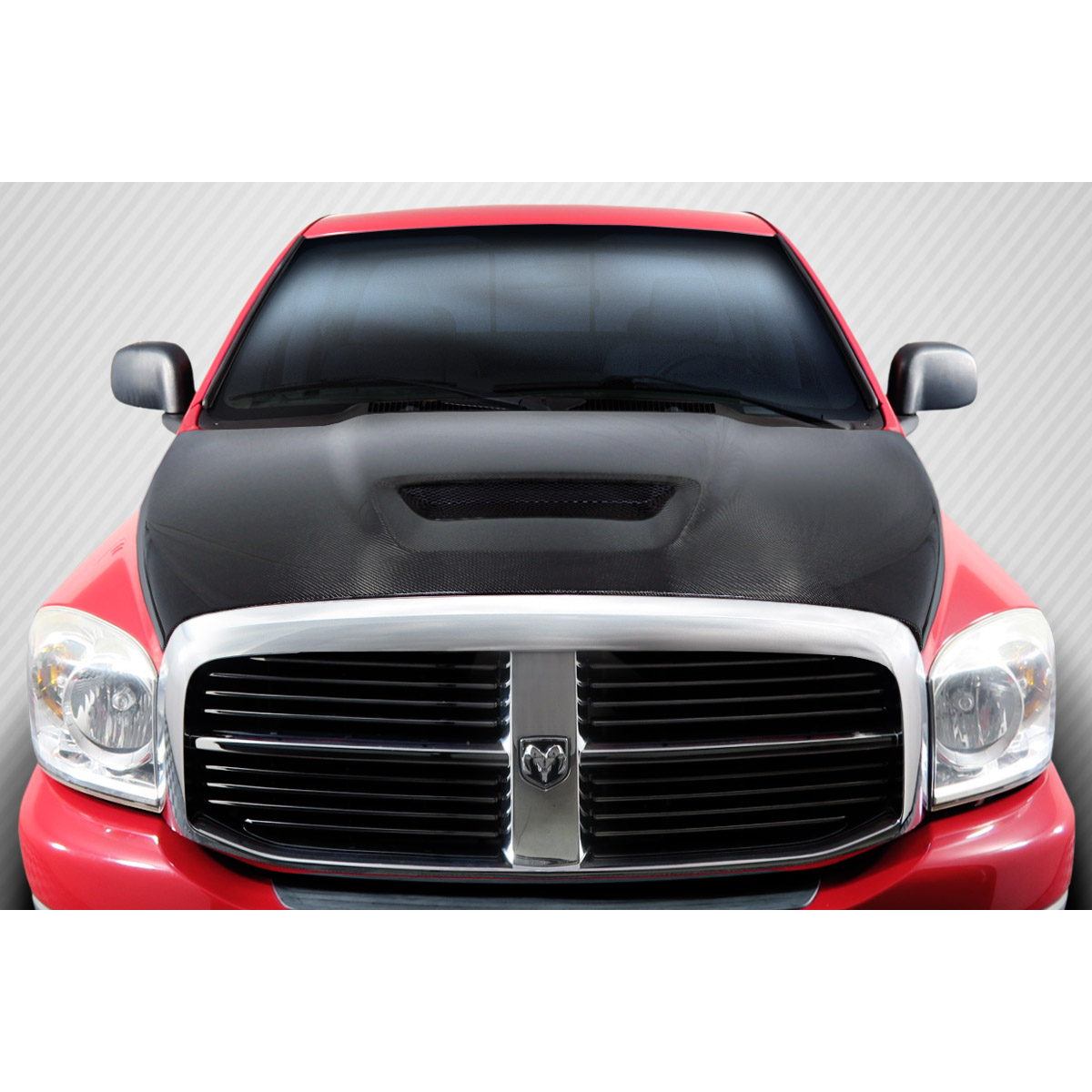 Modify your Dodge Ram 2002 with our Exterior/Hoods - Front view showing carbon fiber hood design