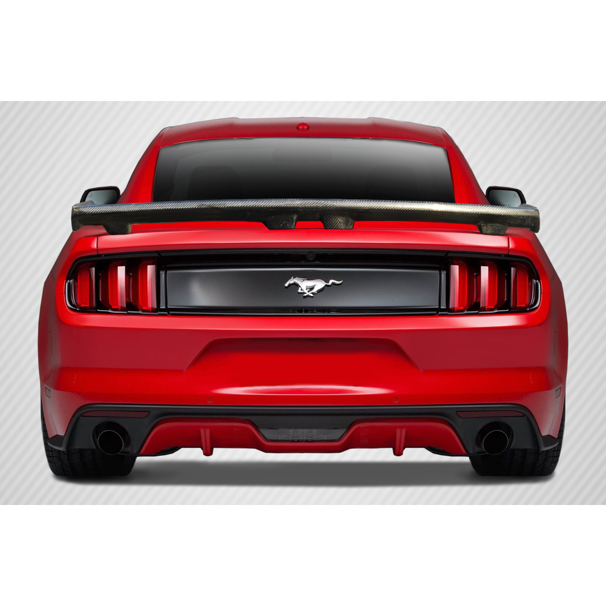 Modify your Ford Mustang 2015 with our Exterior/Wings - Rear view of a red Ford Mustang at eye level