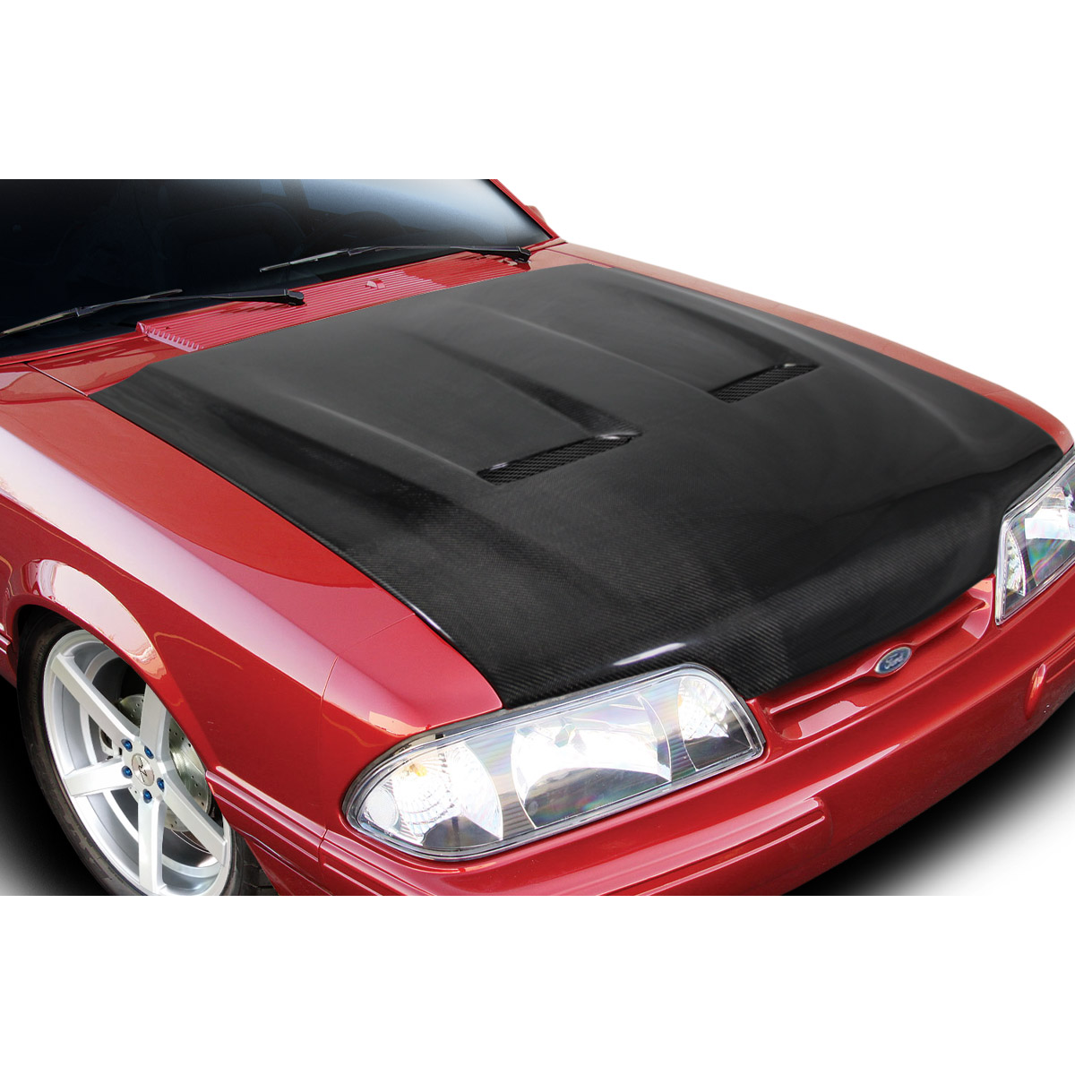 Modify your Ford Mustang 1987 with our Exterior/Hoods - Top view of carbon fiber hood on red Mustang